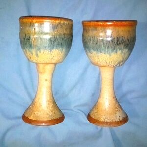Two handcrafted pottery wine goblets artist signed